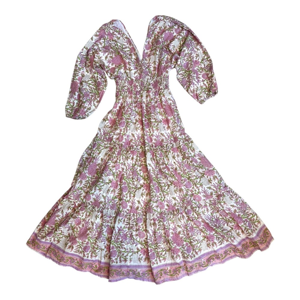 Perry Walker Collective Pink Floral Block Print Smocked Maxi Dress Size 1 Boho